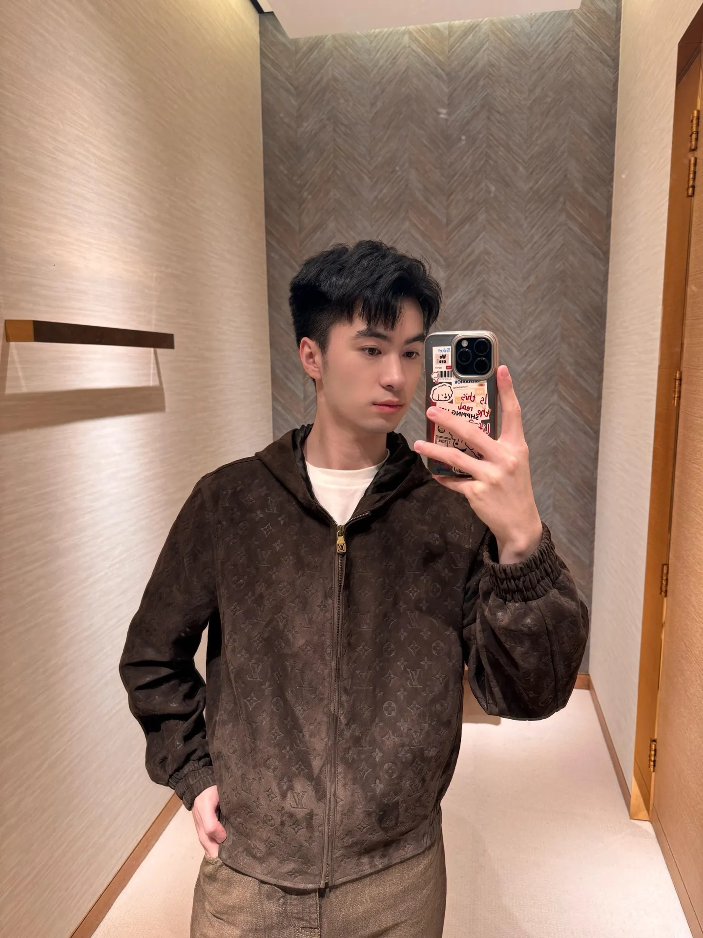 Louis Vuitton/embossed suede leather hooded jacket